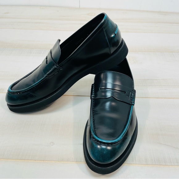 Gucci Men’s Black Leather Two-Tone Penny Loafer, Sz 8 Black Green - Picture 5 of 10